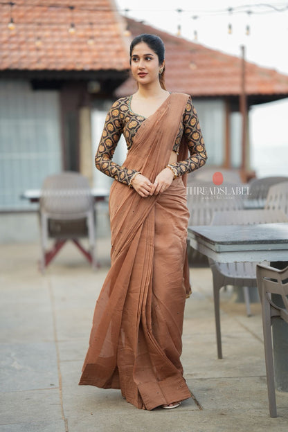 Brown malai chanderi saree with Ajrak print blouse