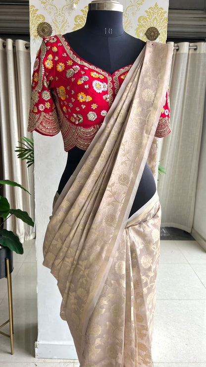 Half white banarasi saree with deep pink silk hand embroidery blouse