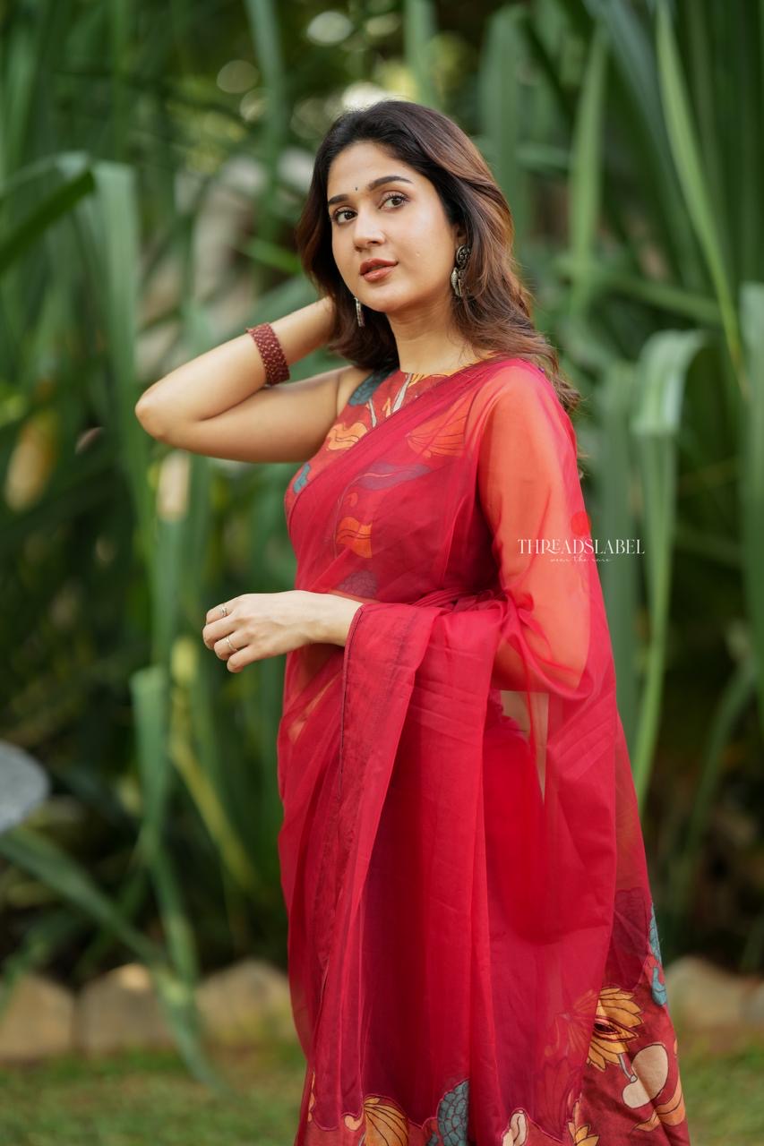 Maroon soft organza saree with kalamkari blouse