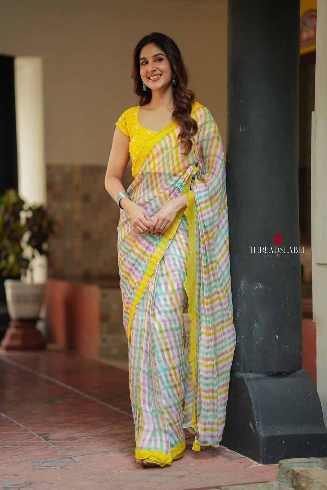 Multi viscose jute saree with hand work blouse