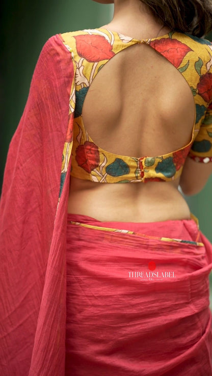 Maroon mul cotton saree with kalamkari mirror blouse