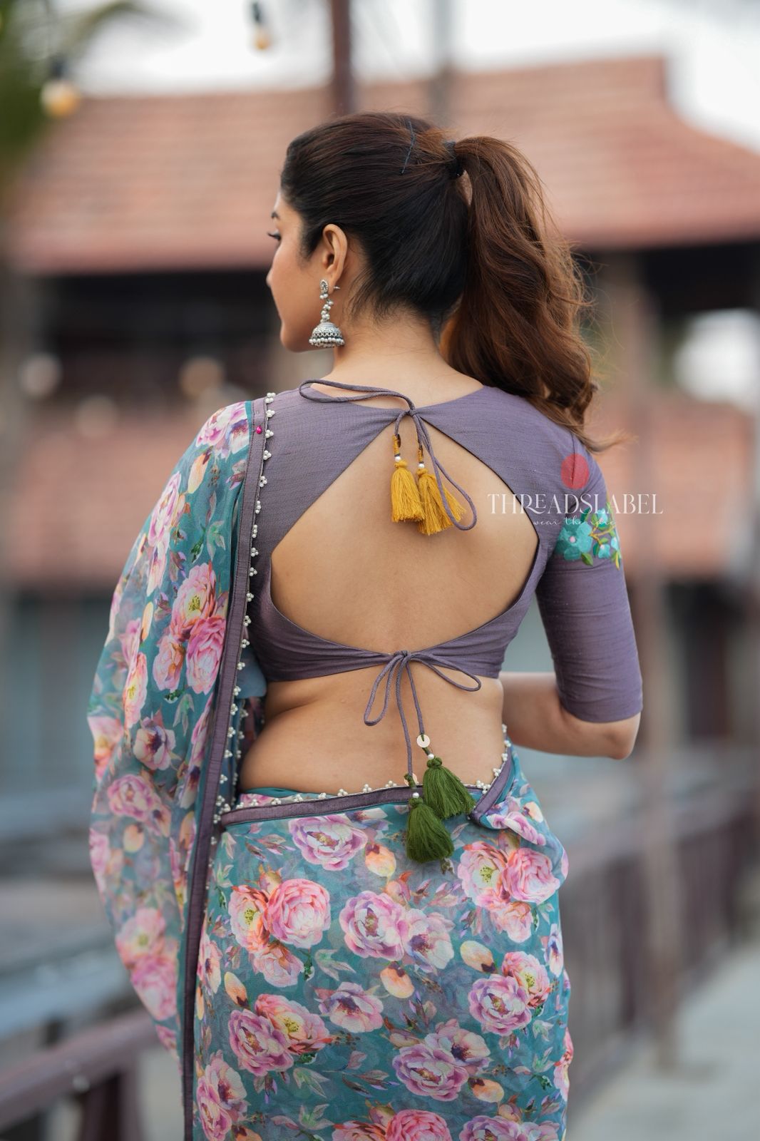 Blue floral georgette saree with grey embroidery blouse