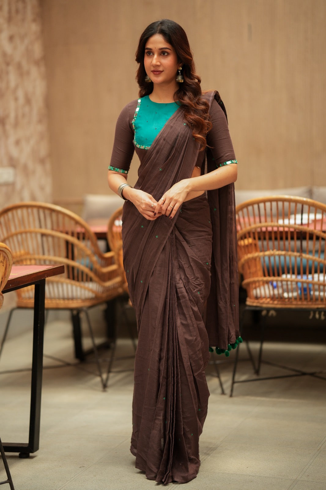 Dark brown mul chanderi with mirror blouse