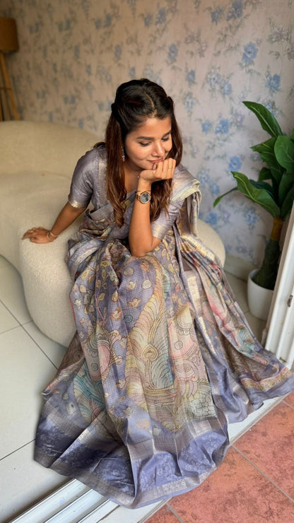 Smokey grey linen cotton kalamkari saree with pearl work blouse