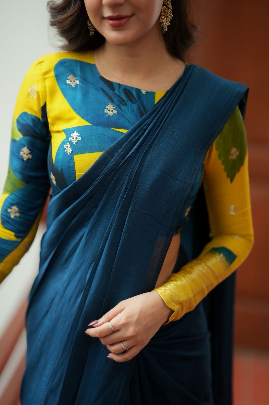 Deep blue marble silk saree with embroidery blouse