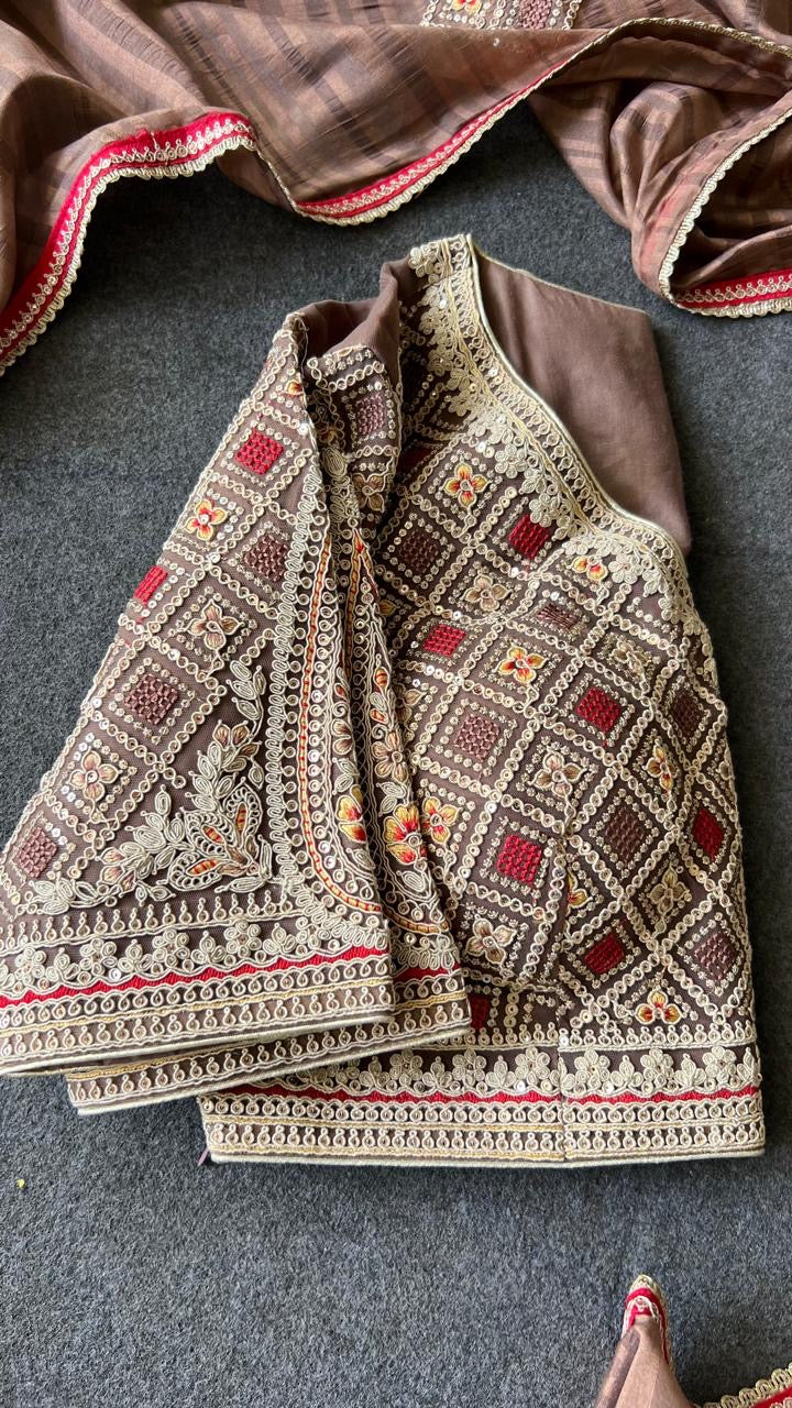 Caramel muslin silk embroidery saree with blouse
