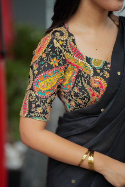 Black malai chanderi saree with heavy embroidery blouse