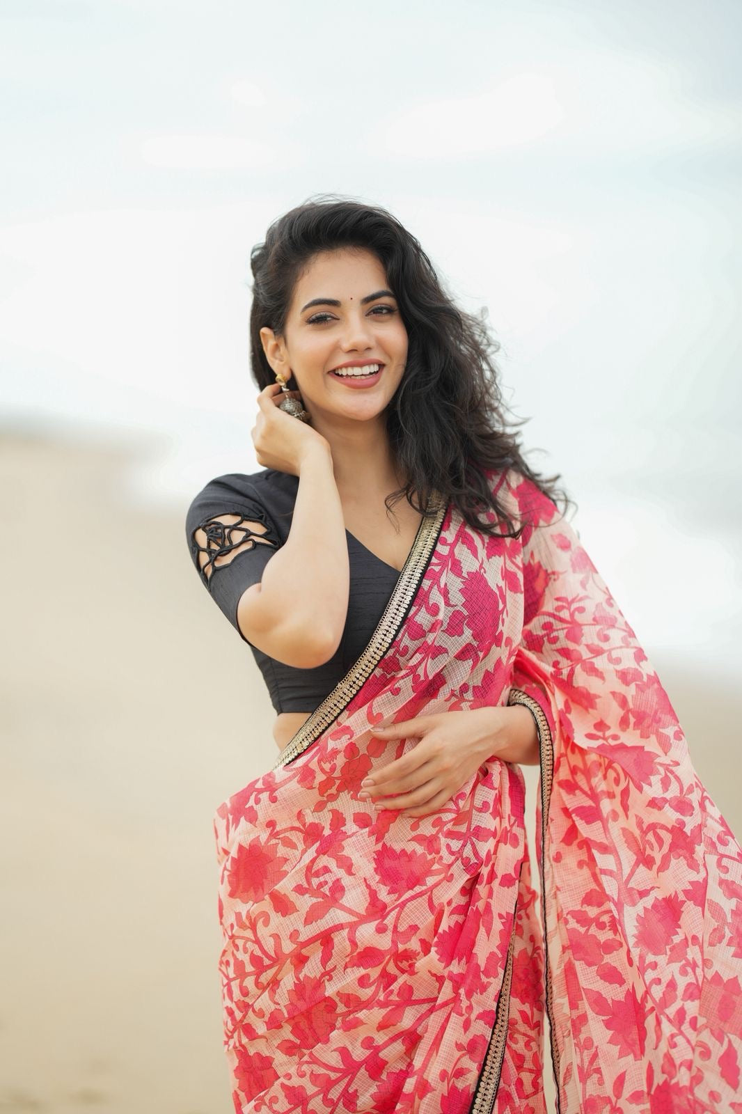 Cream red kota saree with silk hand work blouse