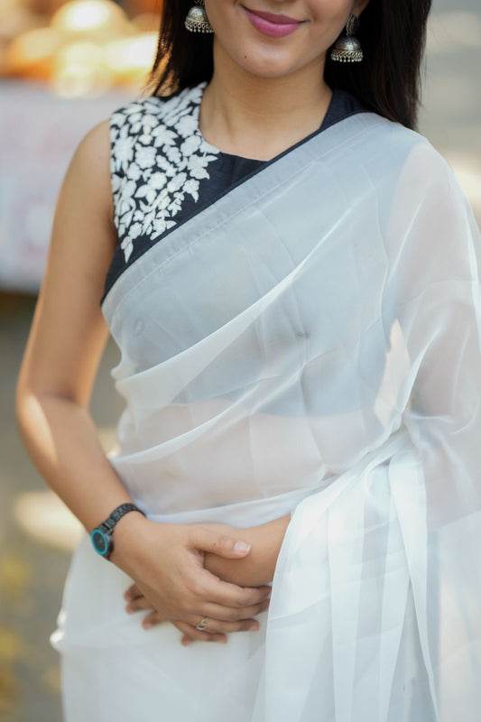 White soft organza saree with embroidery blouse