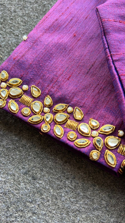 Pink tissue saree with purple hand work blouse