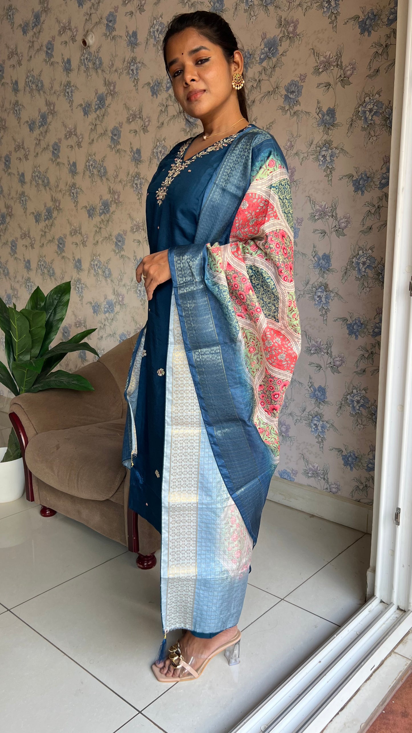 Blue silk hand made 3 piece kurti suit