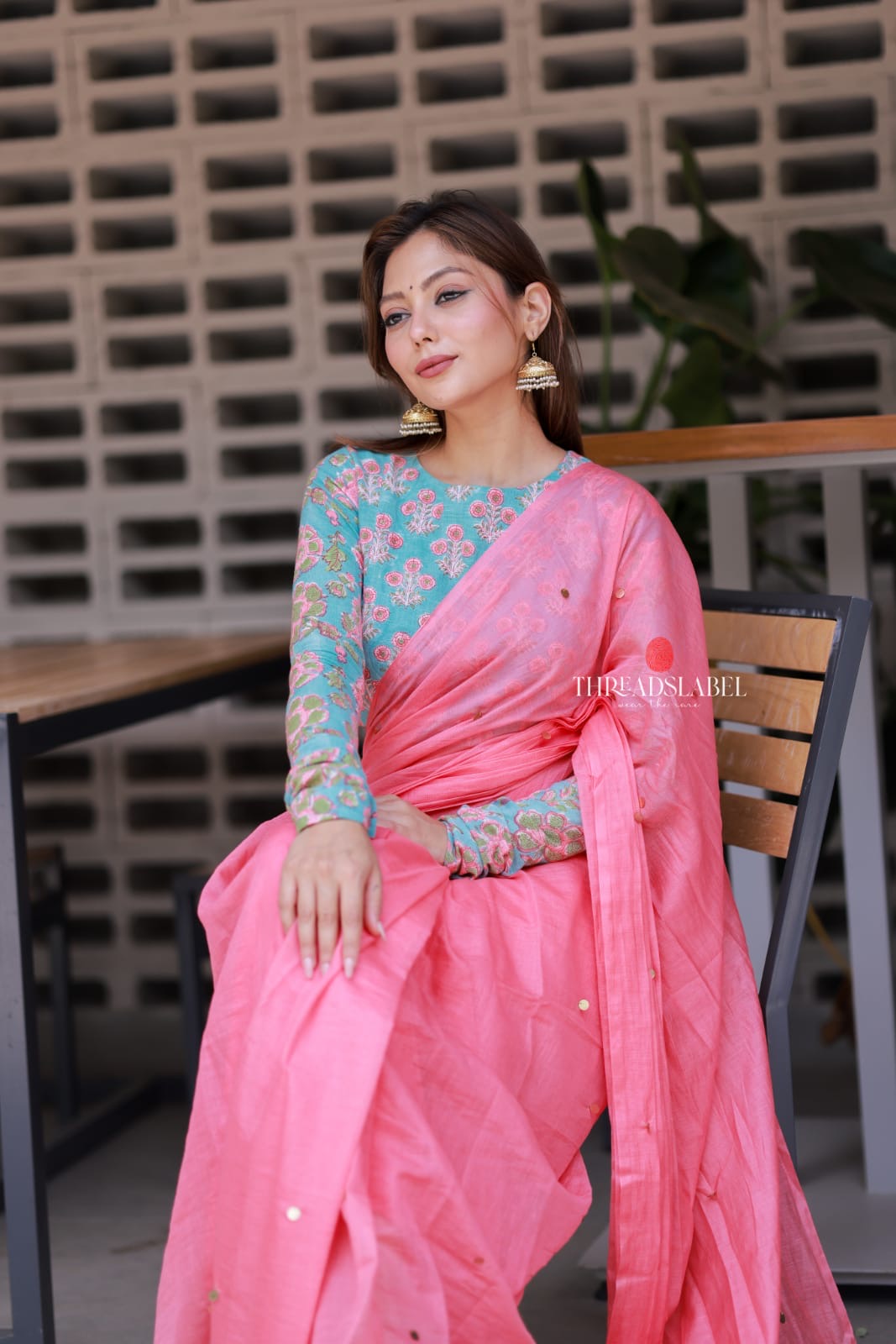 Baby pink mul chanderi saree with floral blouse