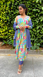 Blue muslin floral printed 3 piece alia cut kurti suit