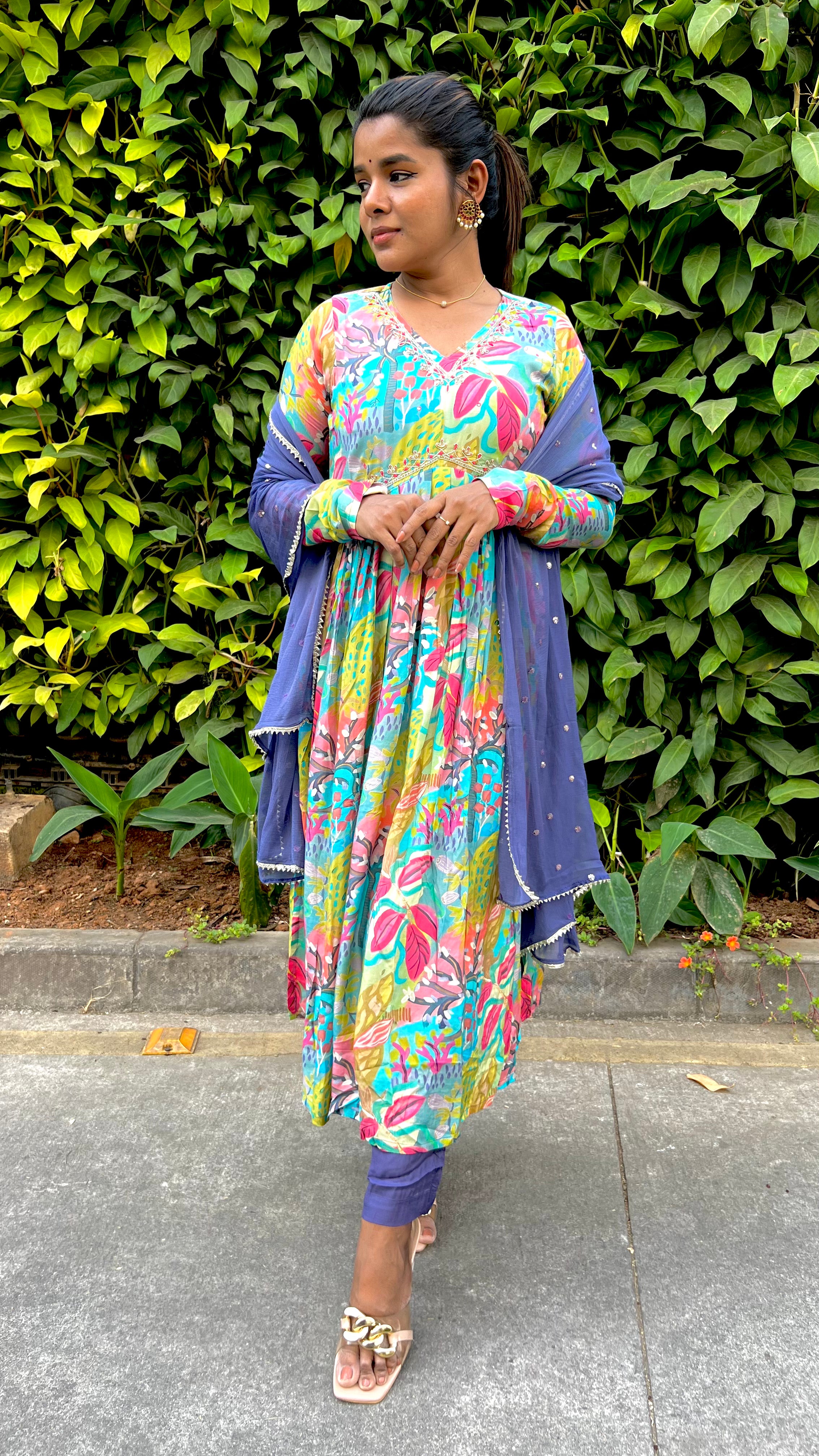 Blue muslin floral printed 3 piece alia cut kurti suit
