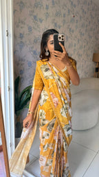 Mustard yellow marble saree with pearl work blouse