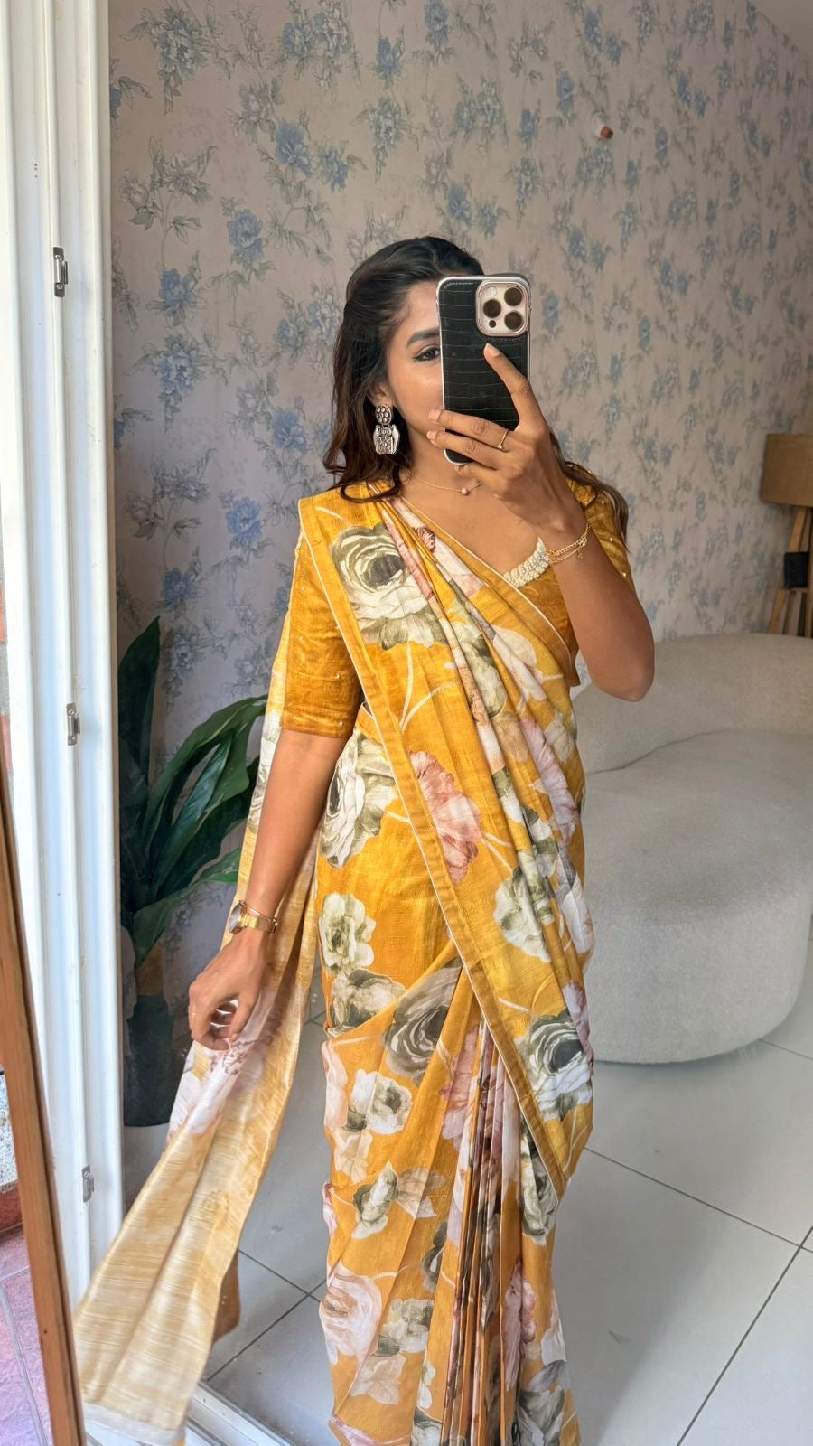 Mustard yellow marble saree with pearl work blouse