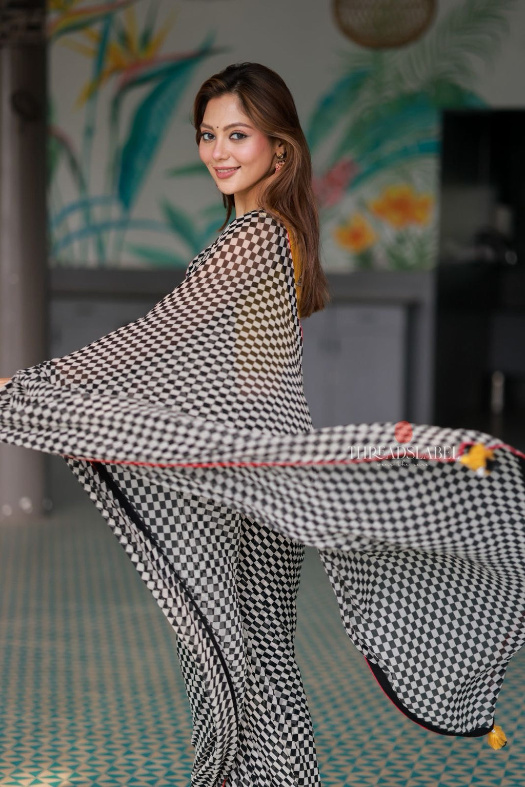 Black & white matrix chiffon saree with chess blouse