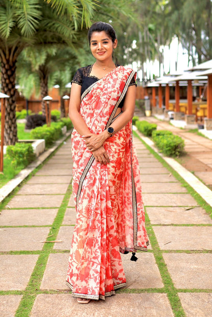 Cream red kota doria designer saree