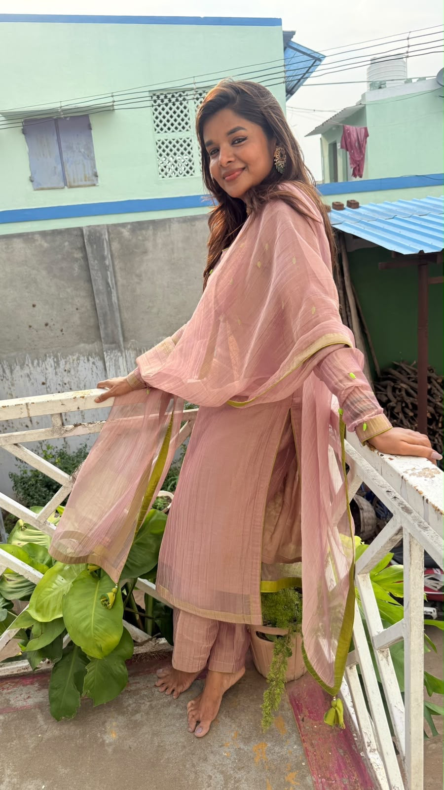 Pink tissue embroidery salwar