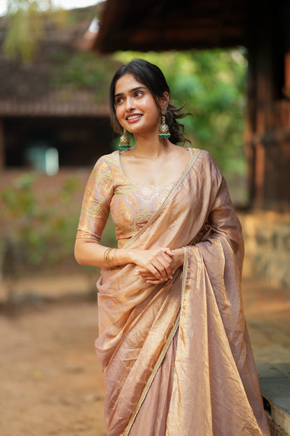 Golden peach glass tissue saree with banarasi blouse