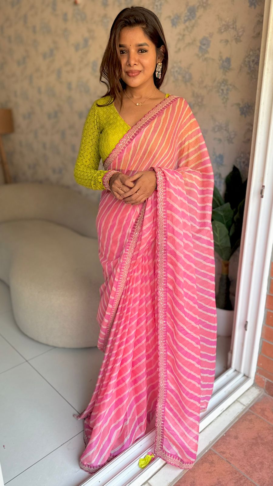 Pink lehariya saree with green hakoba embroidery blouse