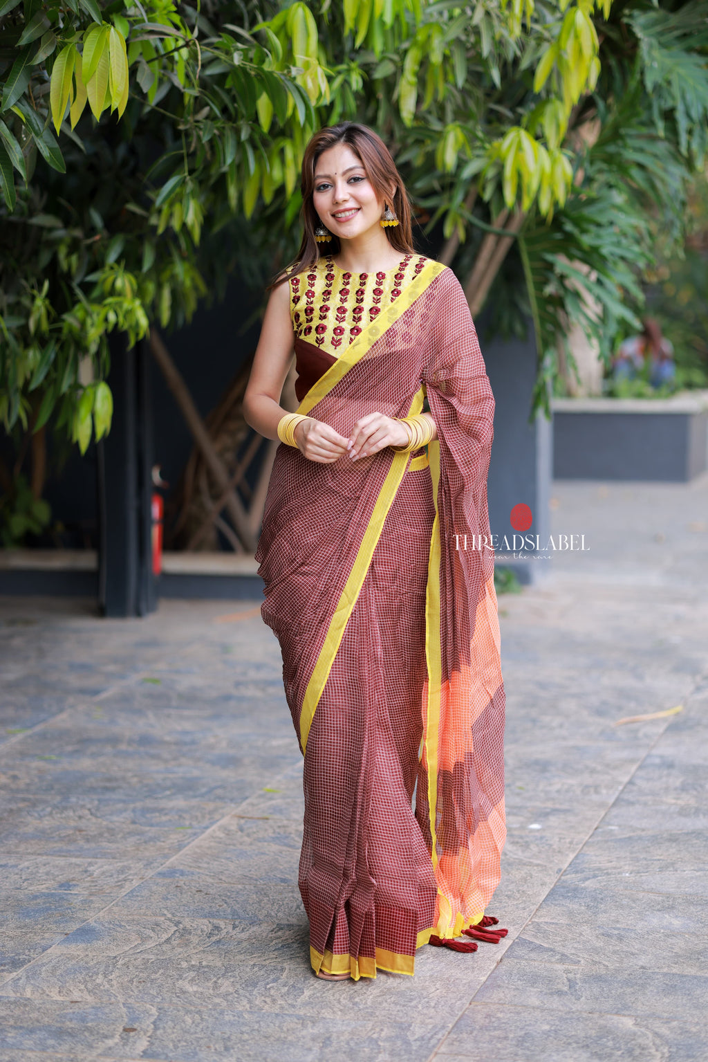 Brown jute saree with banarasi hand work blouse