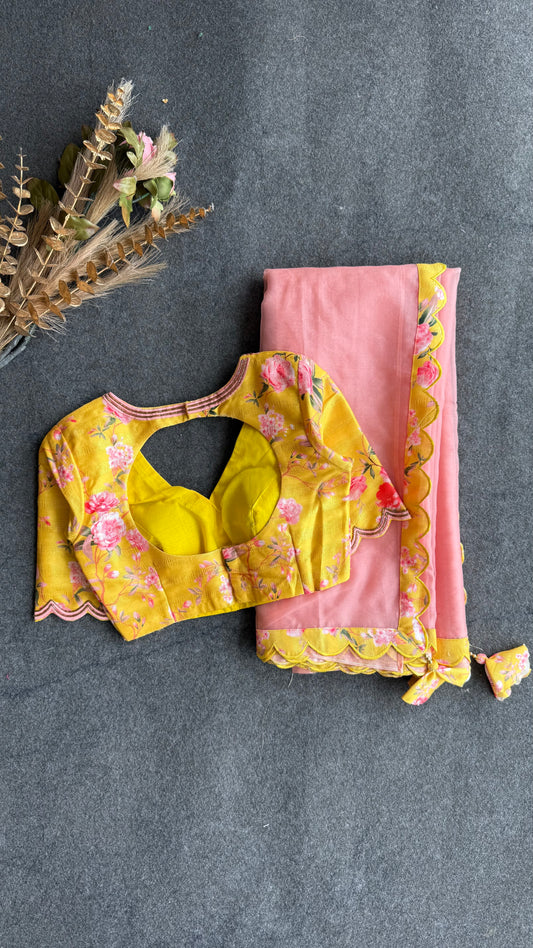 Peach organza saree with yellow floral hand work blouse