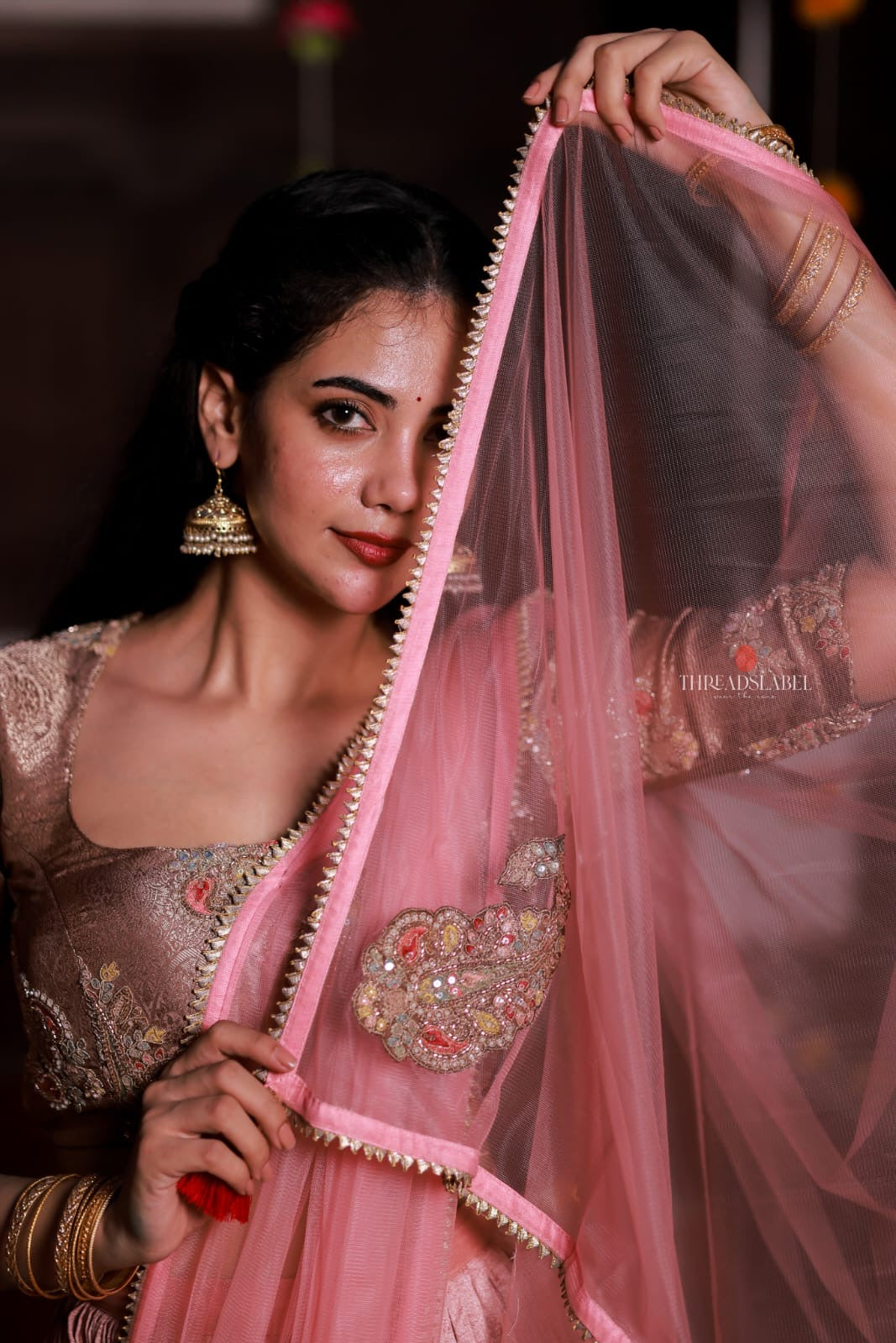 Pink marble silk lehenga with handwork blouse