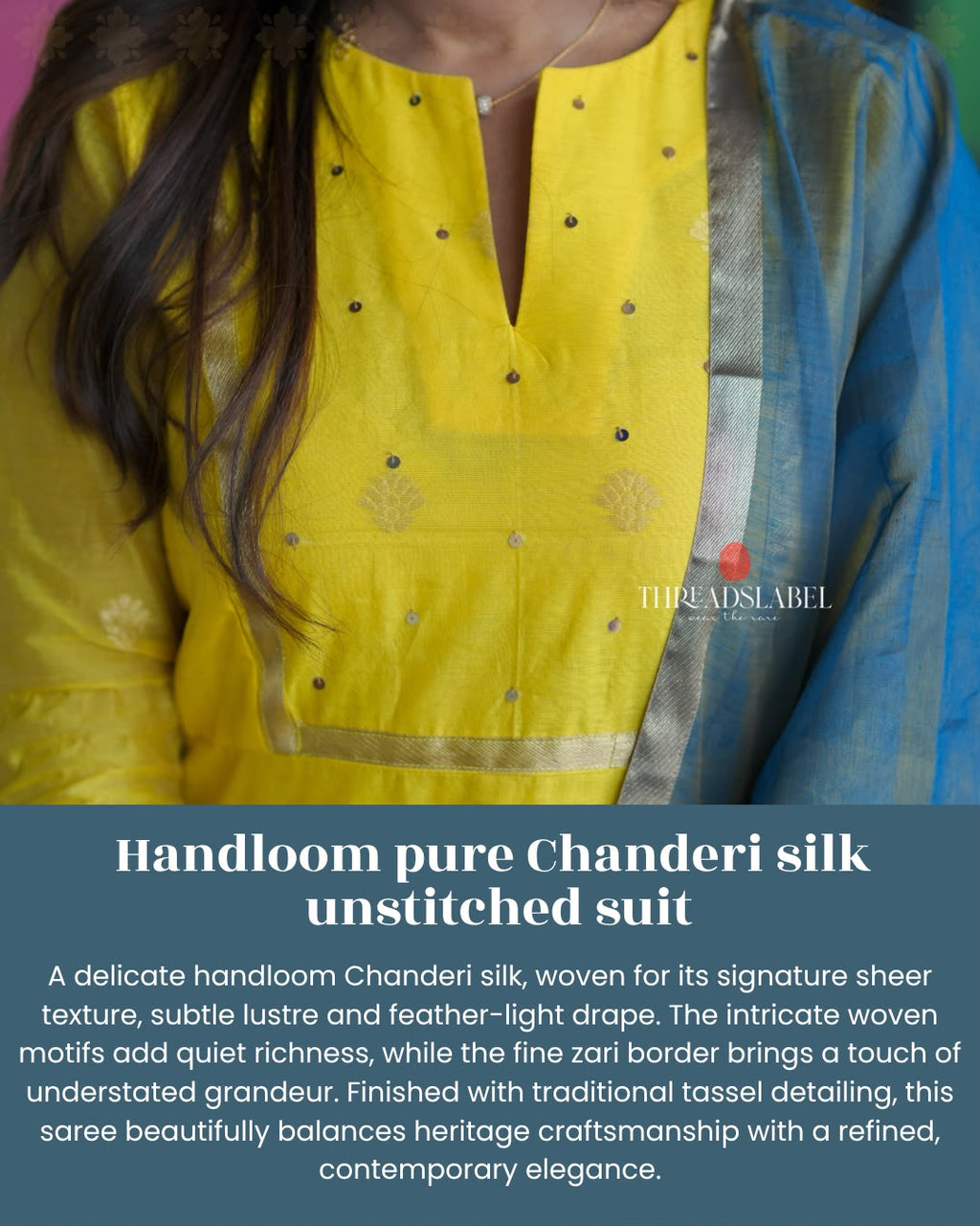 Yellow & blue chanderi 3 piece kurti