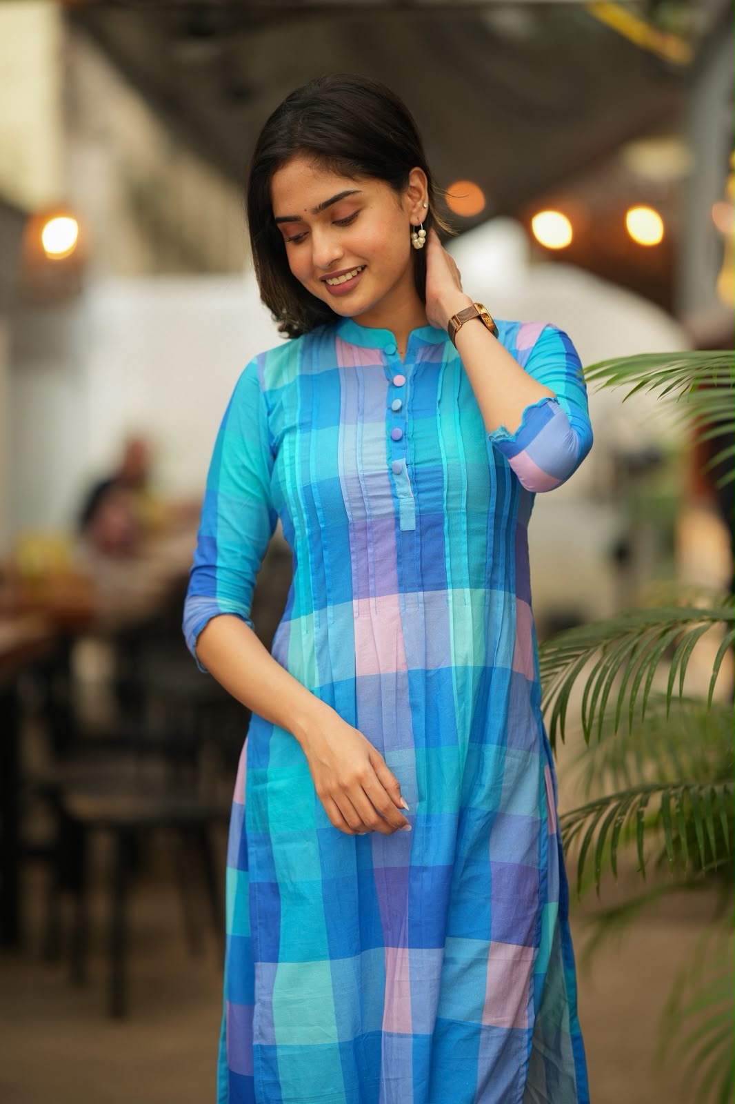Blue checked cotton 2 piece kurti