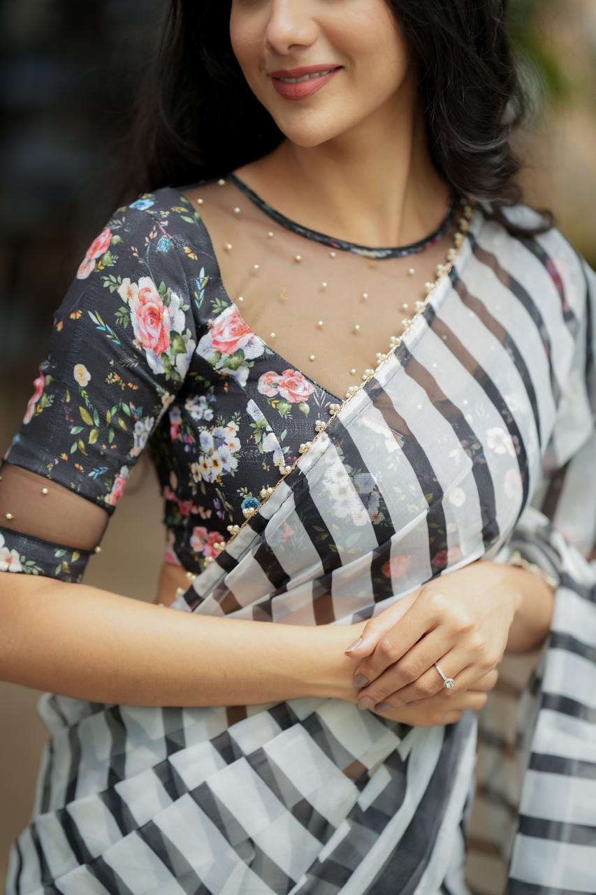 Black & white stripe organza saree with hand work blouse