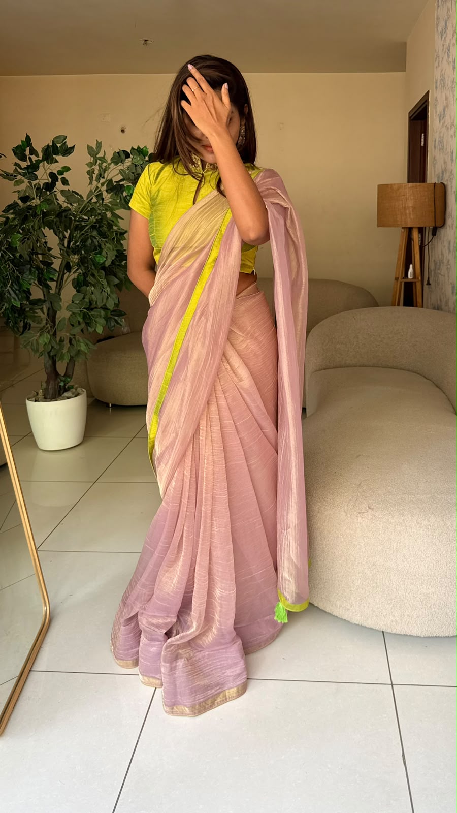 Purple pink tissue saree with hand work blouse