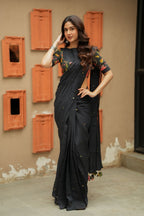Black chanderi cotton floral print blouse (only blouse)