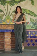 Bottle green mul chanderi saree with mirror work blouse