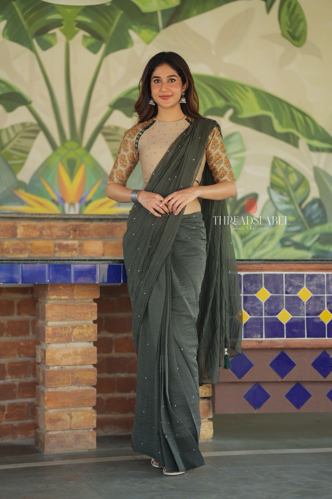 Bottle green mul chanderi saree with mirror work blouse