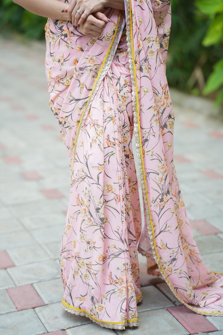 Peach georgette saree with silk hand work blouse