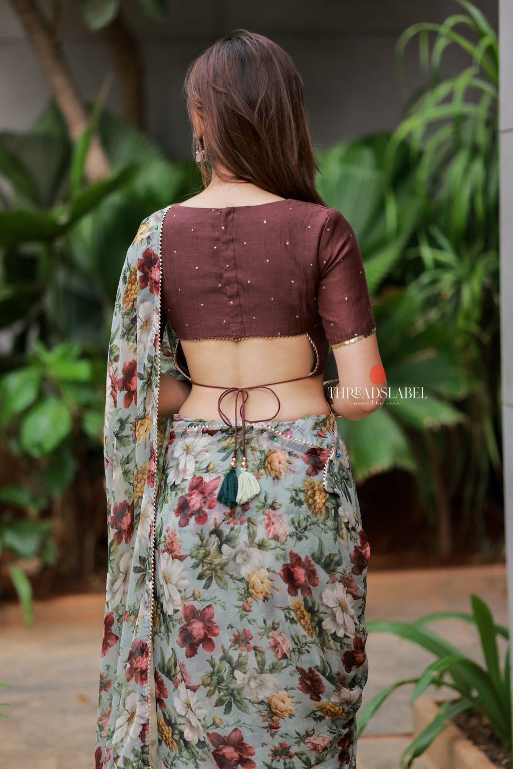 Sage green floral chiffon saree with hand work blouse