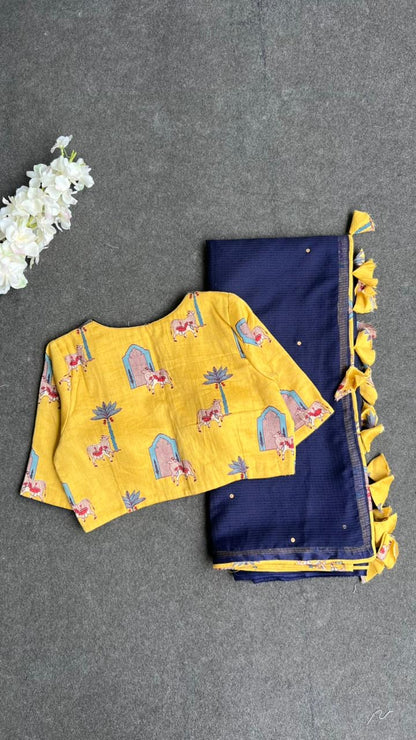 Navy blue kota saree with yellow cotton blouse