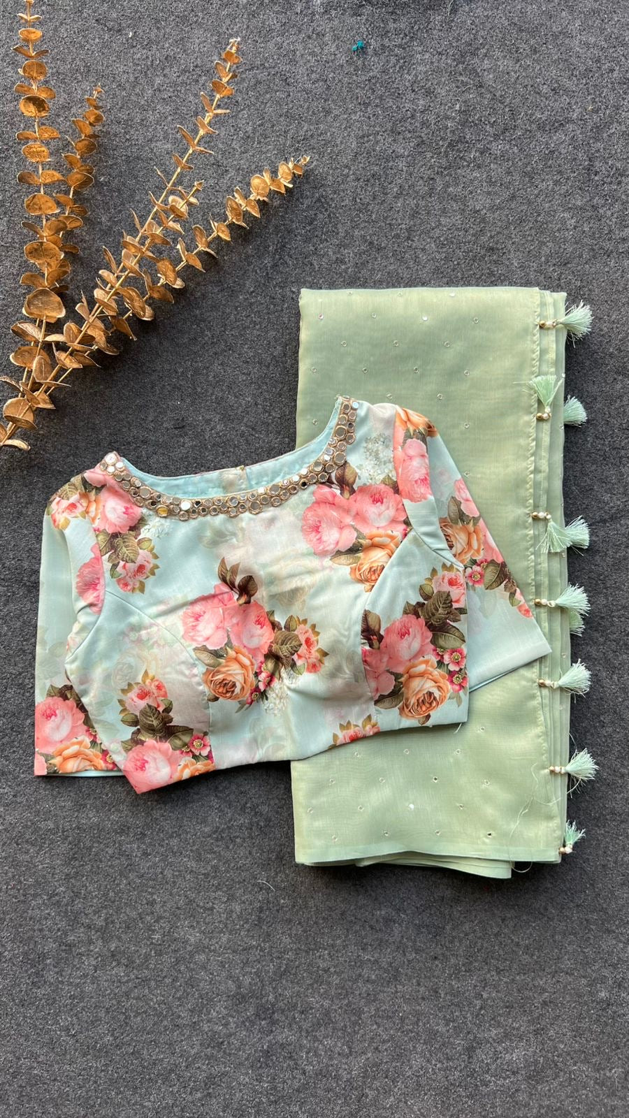 Light green tissue saree with mirror floral blouse