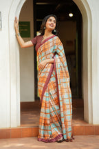Multi checked kota saree with brown embroidery blouse