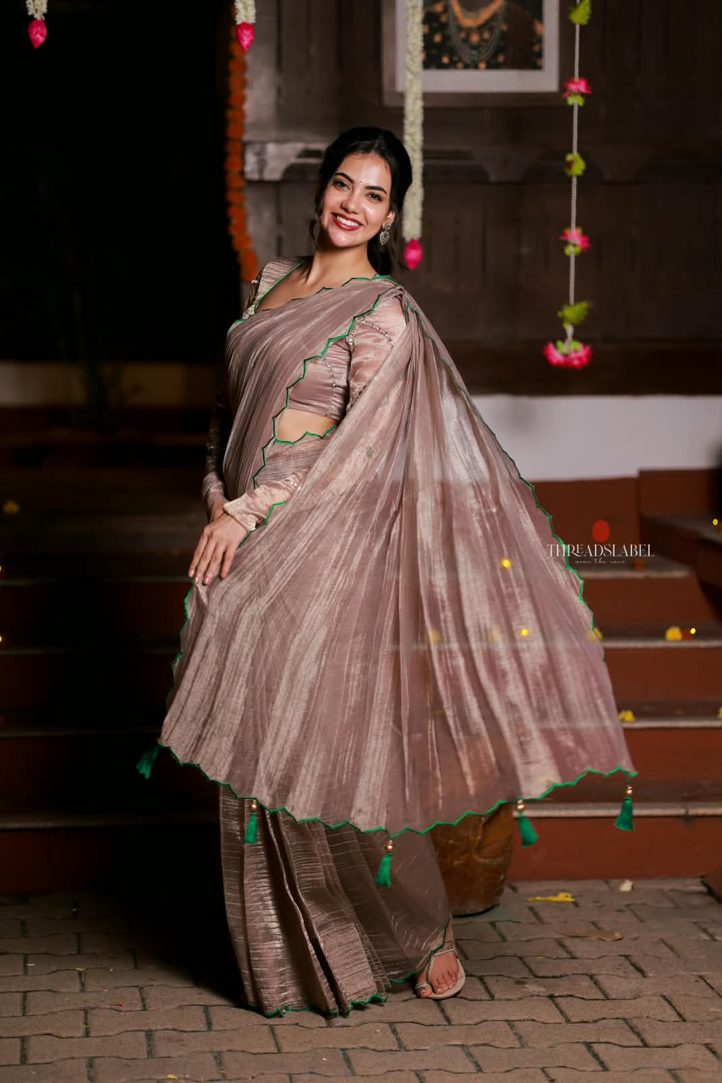 Dusty silver tissue hand made saree & blouse