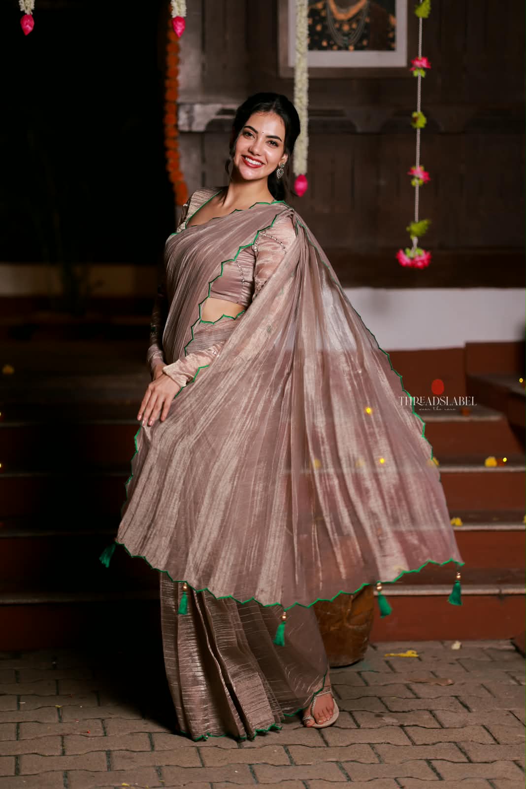 Dusty silver tissue hand made saree & blouse