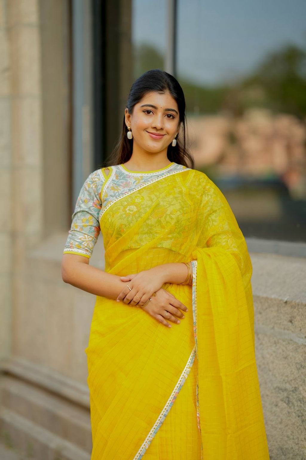 Yellow checked organza with floral cotton blouse