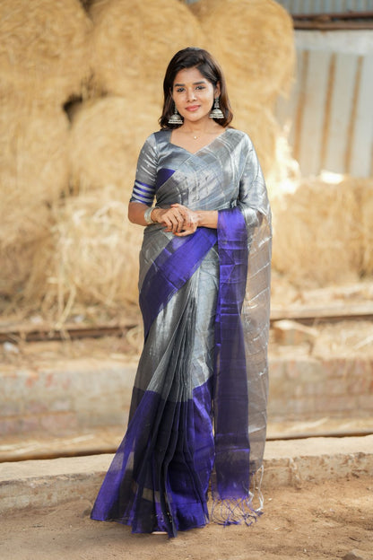 Silver grey blue soft tissue saree with handwork blouse