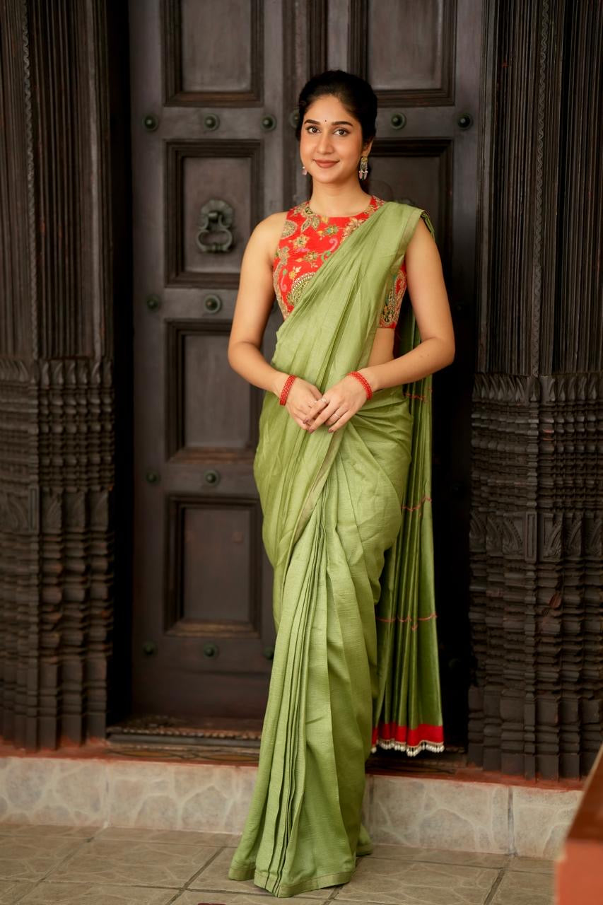 Green marble silk saree with heavy embroidery blouse