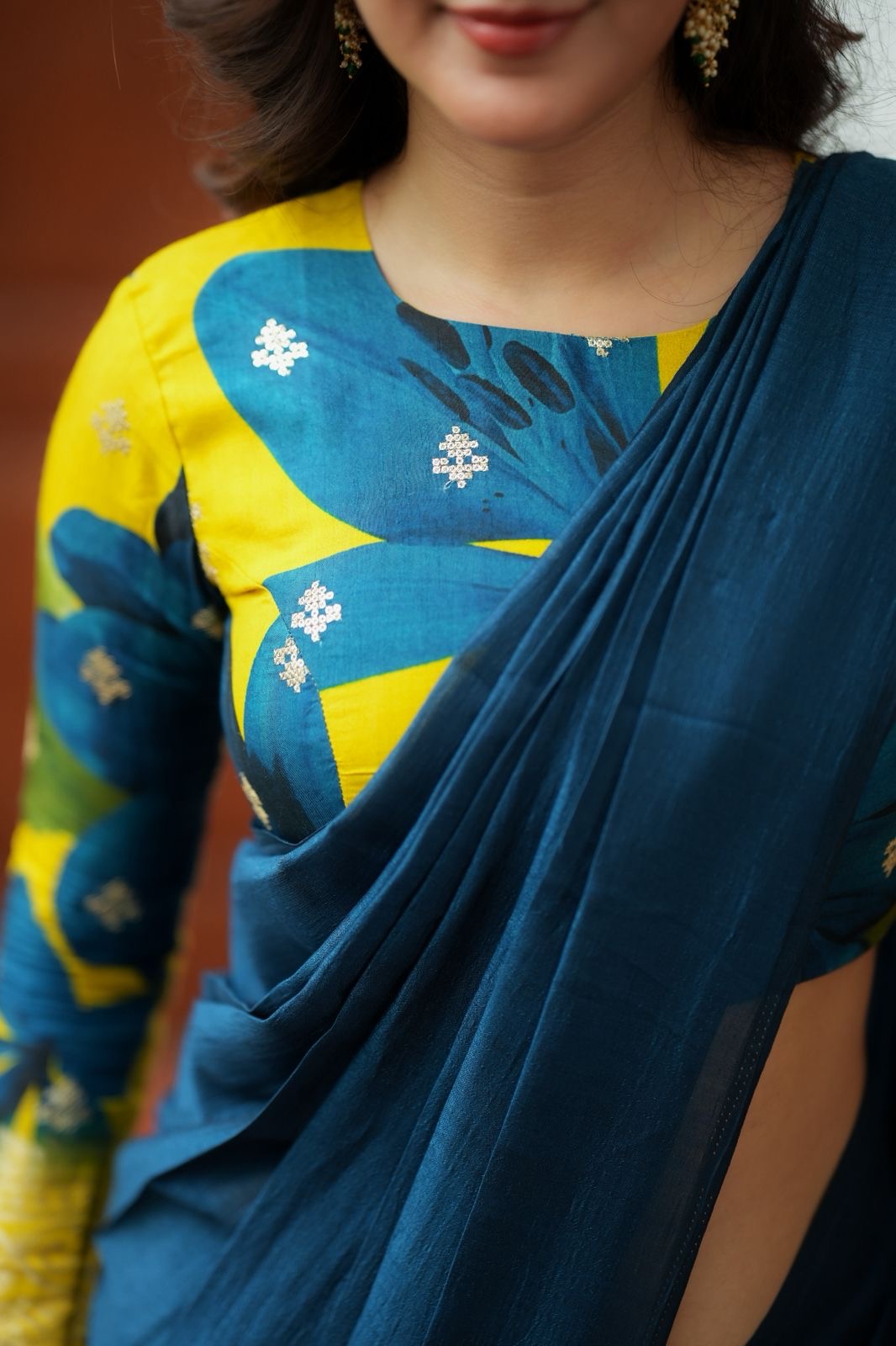 Deep blue marble silk saree with embroidery blouse
