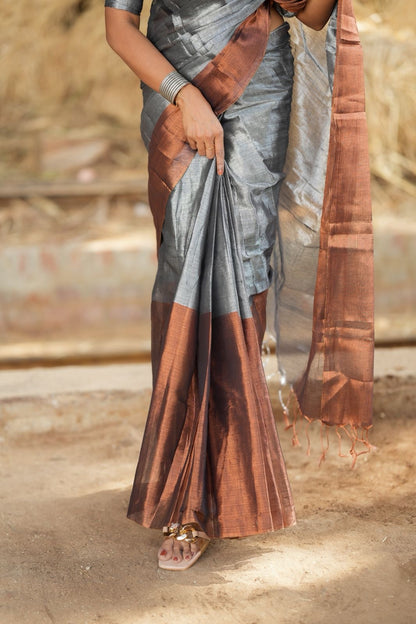 Silver grey brown soft tissue saree with handwork blouse
