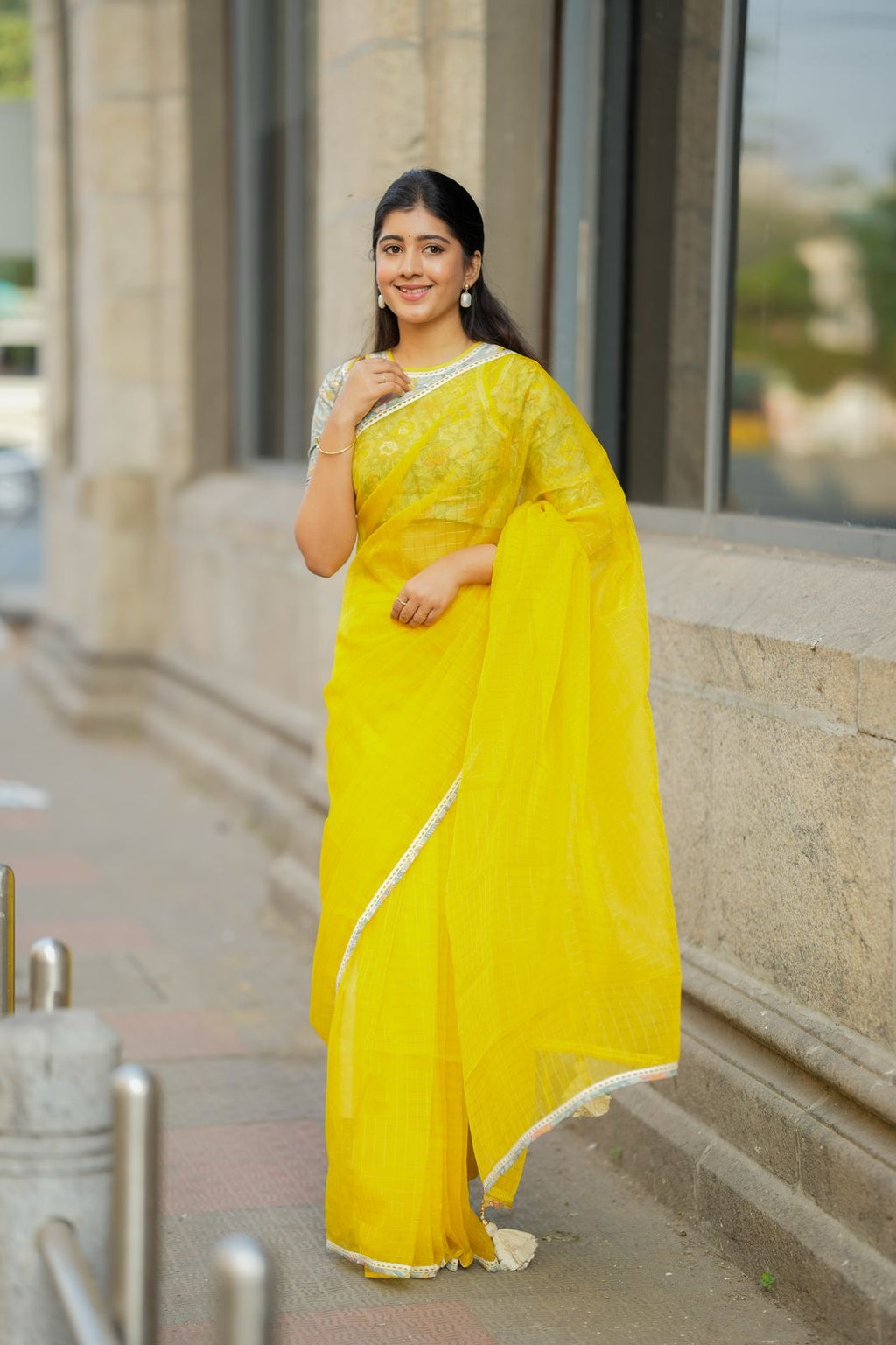 Yellow checked organza with floral cotton blouse