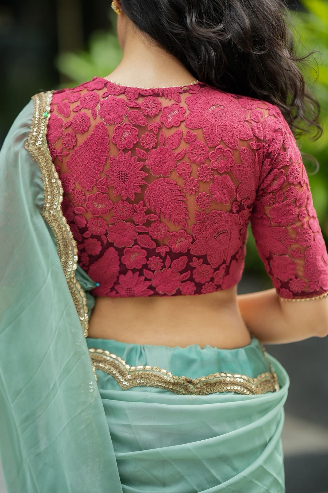Apple green soft organza saree with embroidery blouse