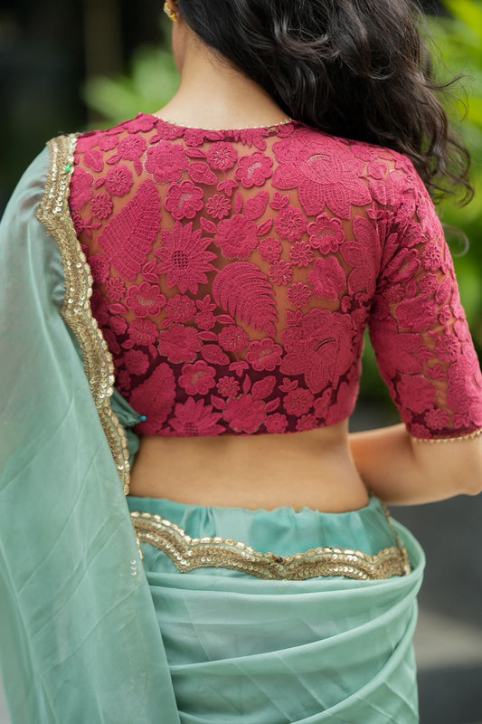 Apple green soft organza saree with embroidery blouse